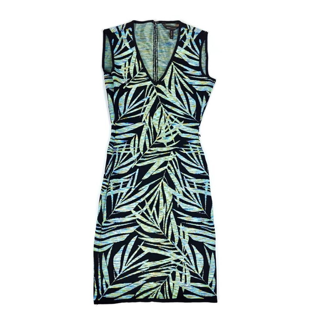 BCBGMaxAzria Gari Jacquard Bandage Bodycon Mini Dress Black Palm Print Womens XS